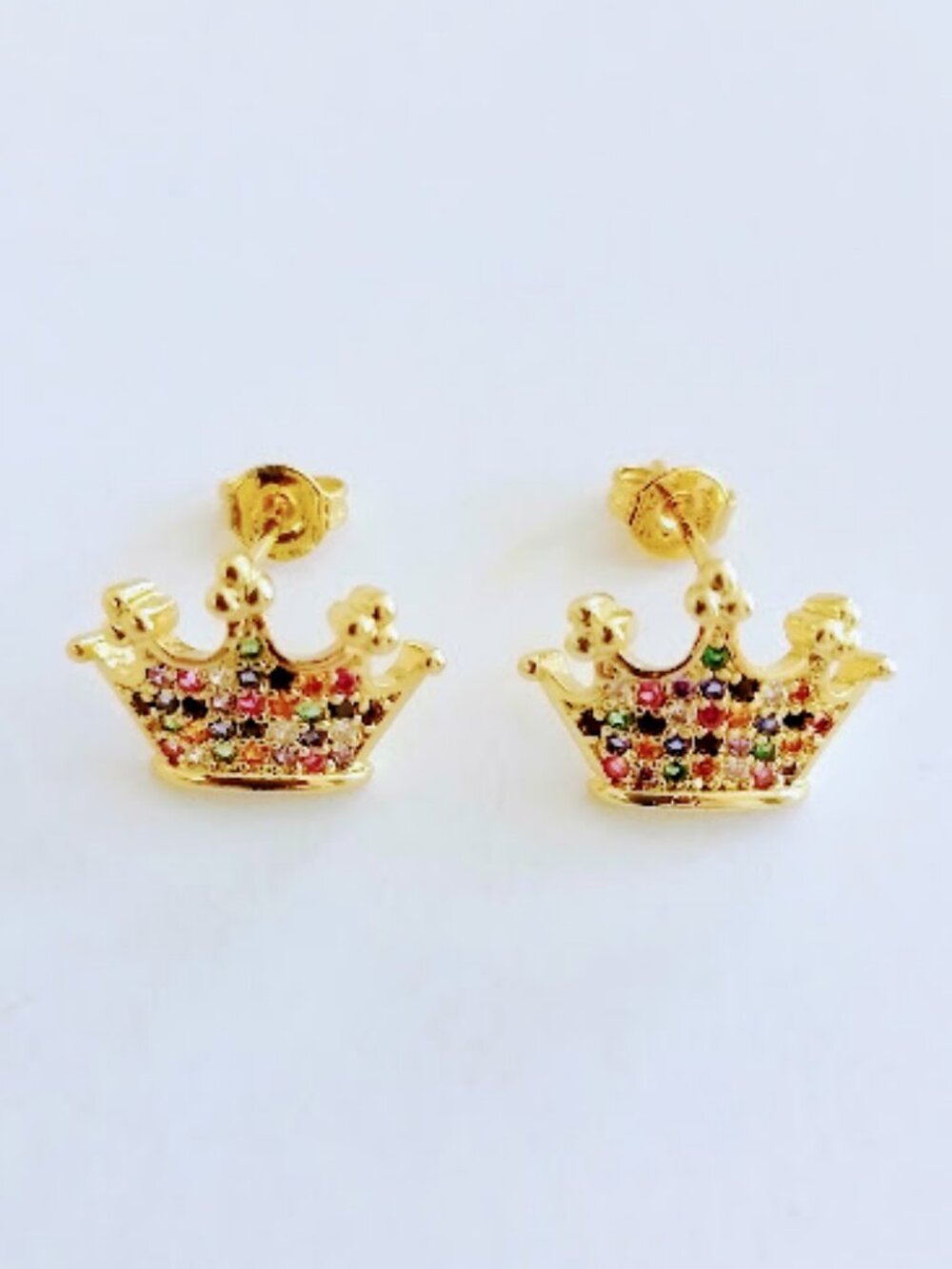 18K Gold Plated Crown Stud Earrings - Multicolor Cubic Zirconia - 10mm x 15mm